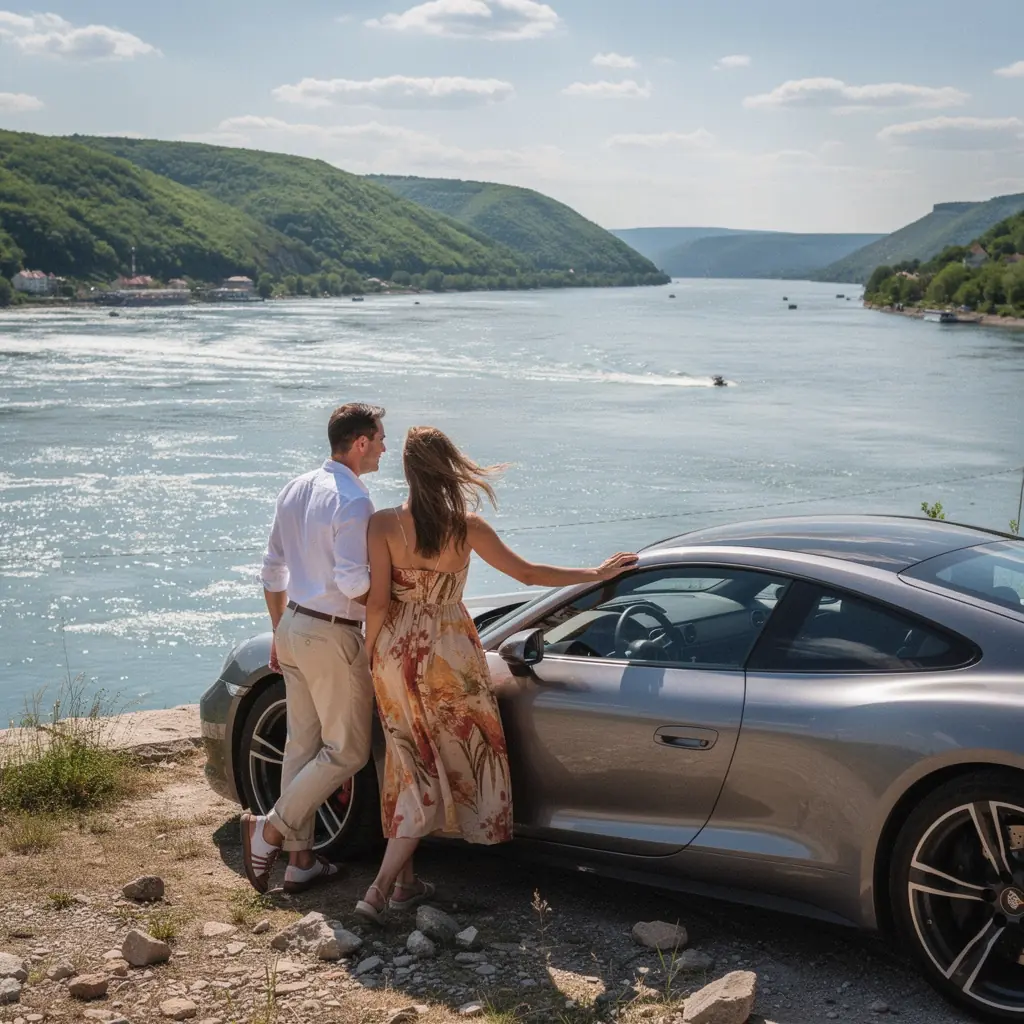 Luxusné auto zaparkované na malebnej slovenskej ceste s horským pozadím